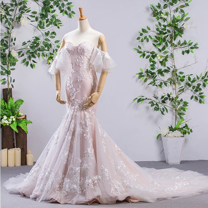 

2018 New Wedding Dresses Mermaid Off The Shoulder Sleeve Champagne Lace Pearls Sexy Wedding Gowns Vestido De Noiva Bridal Gowns