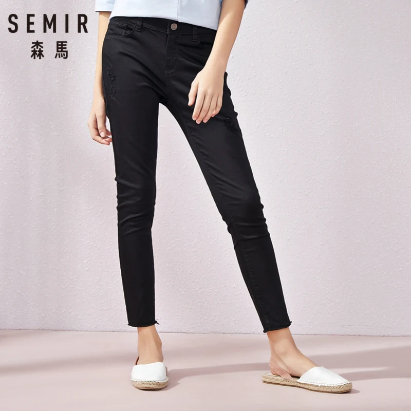 Женские повседневные брюки SEMIR черные тонкие узкие с небольшими дырками лето 2019 |