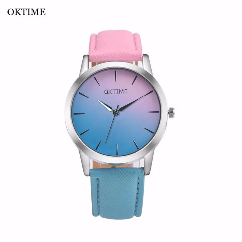 Модные красивые женские часы OKTIME кварцевые с радужным кожаным ремешком