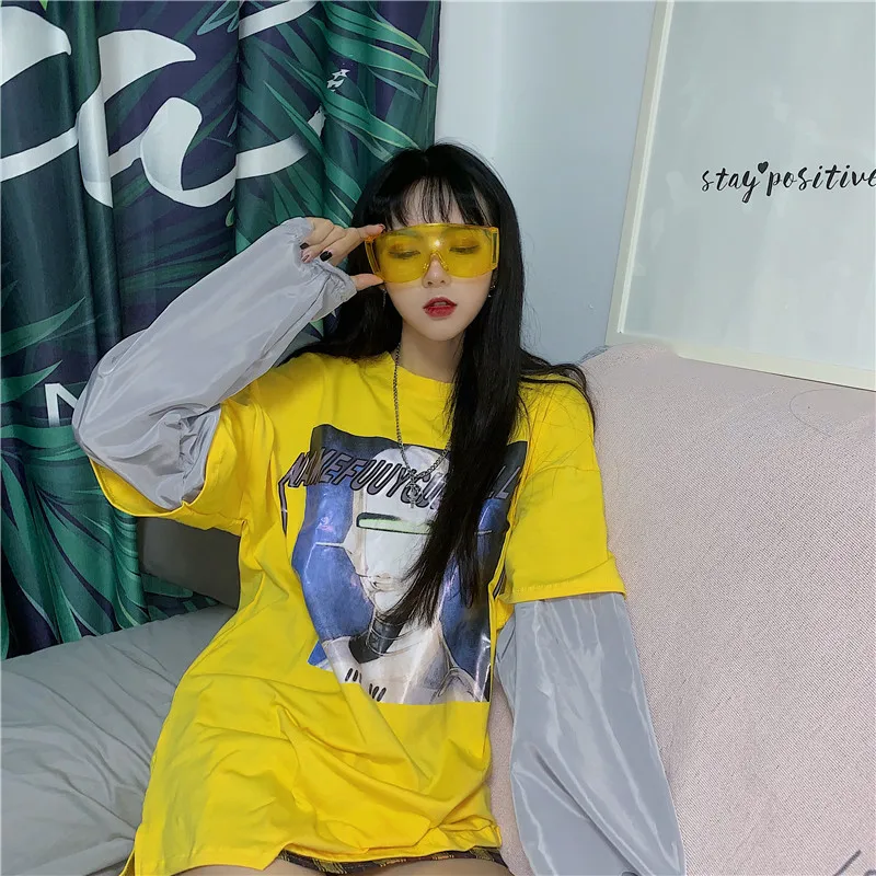 Camiseta Mujer Весна Harajuku уличная Модная футболка Для женщин футболки корейский Ulzzang поддельные 2 шт футболка с длинным рукавом Топ