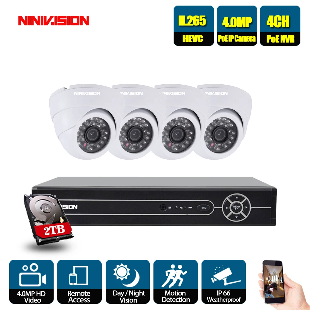 H.265 5MP 2592*1944 48V PoE NVR комплект антивандальный 4.0MP Крытый открытый купол камера