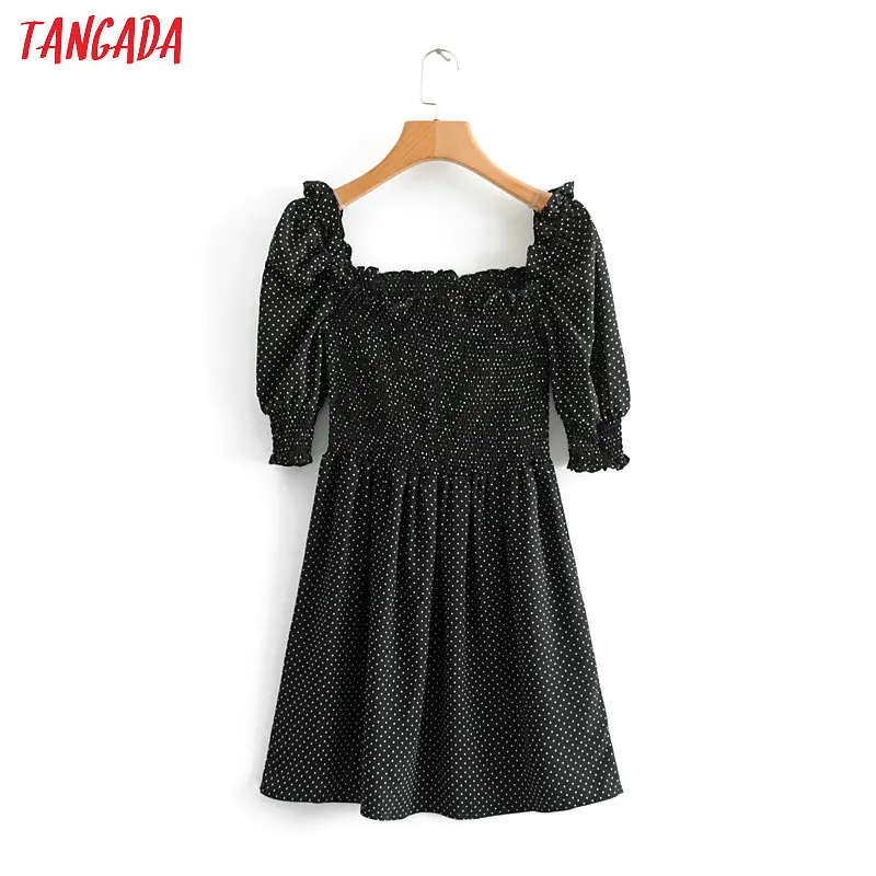 Tangada, модное женское мини-платье с принтом, в горошек, эластичная талия, короткий рукав, Ретро стиль, женское черное платье, vestidos 3D106