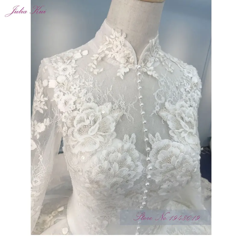 Julia Kui Real Photo Vintage Embroidery Lace Ball Gown Wedding Dress Beading Appliques High Collar Bridal Gown Vestido De Novia