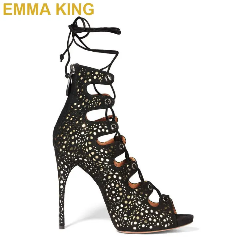 Luxury Black with Gold Laser Women Ankle Boots Summer Sandals High Heels Shoes Peep Toe Lace Up Sexy Lady Stilettos Dress | Обувь