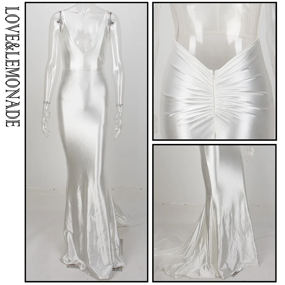 Женское длинное платье LOVE & LEMONADE Белое Облегающее с глубоким v образным вырезом и