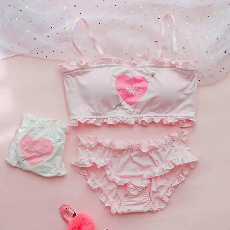 Pink Set Kawaii Heart/комплект женского нижнего белья, бесшовный бюстгальтер «Лолита» с пуш-ап, комплект, пикантные комплекты для маленьких девочек с рюшами, интимные трусики - Цвет: Pink Set