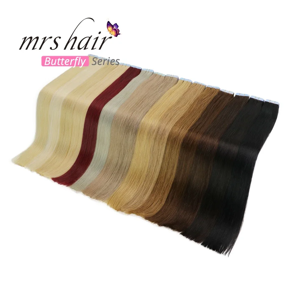 MRSHAIR, 12 дюймов, пряди человеческих волос для наращивания, прямые волосы remy на клейкой ленте, искусственная кожа, уток, невидимый, 20 шт