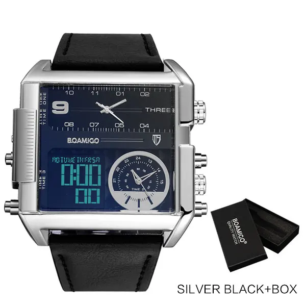 new silver black box Мужские спортивные часы для мужчин, военные цифровые кварцевые часы BOAMIGO, брендовые модные квадратные кожаные Наручные часы, Relogio Masculino - Цвет: new silver black box