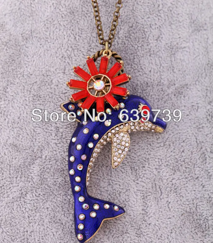 Объемная цена милый синий Дельфин оникс цветок кулон золотой цвет длинное