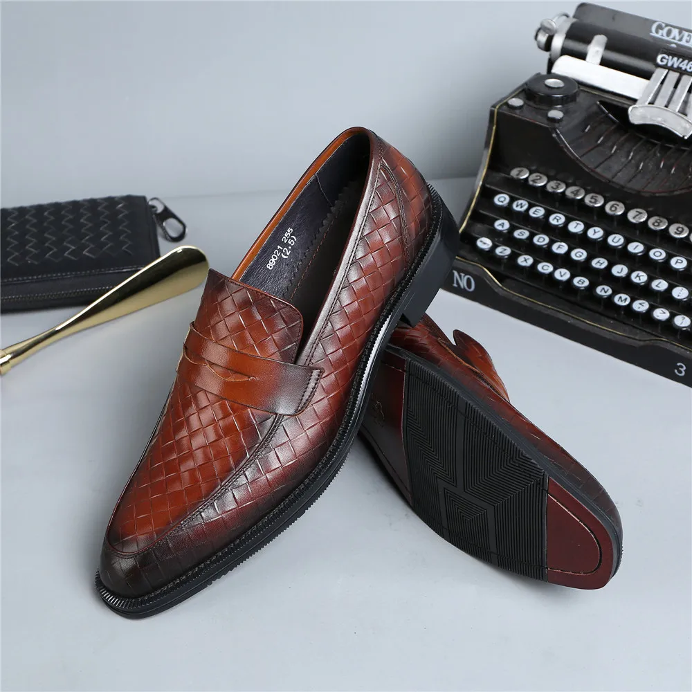 Woven Design Black / Tan Hand Made Loafers Mens Dress Shoes Genuine Leather Wedding Boys Prom | Обувь