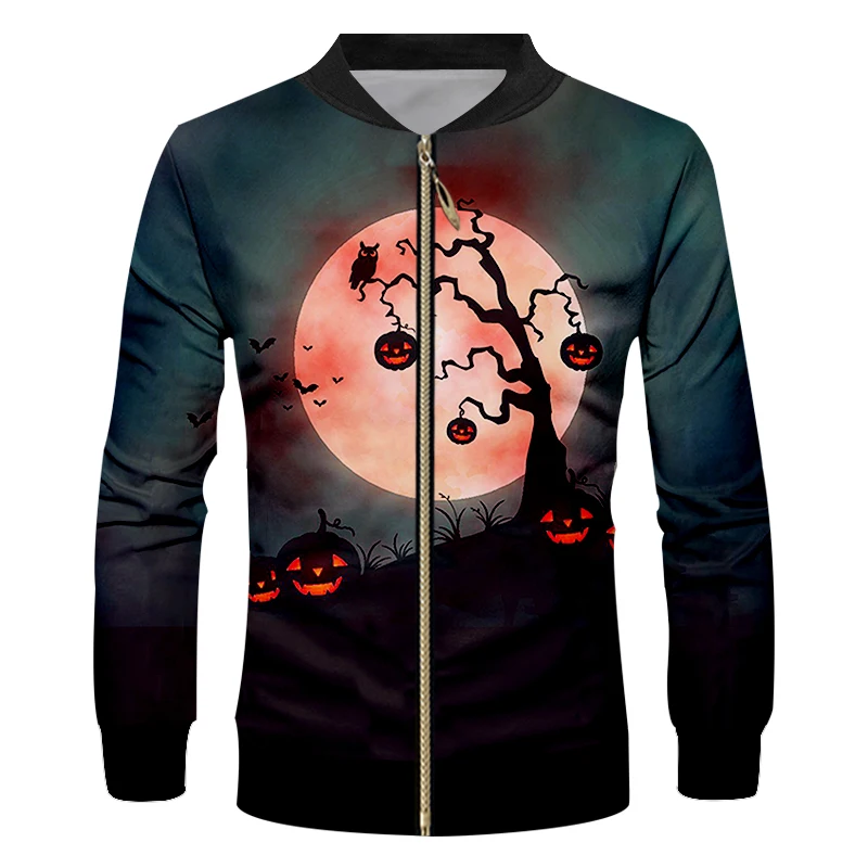 CJLM Halloween Theme Round Moon Man Zip Jacket Men's Zipper Coat Suppliers 3D Lantern Tree Printed Red Eyed Pumpkin | Мужская одежда