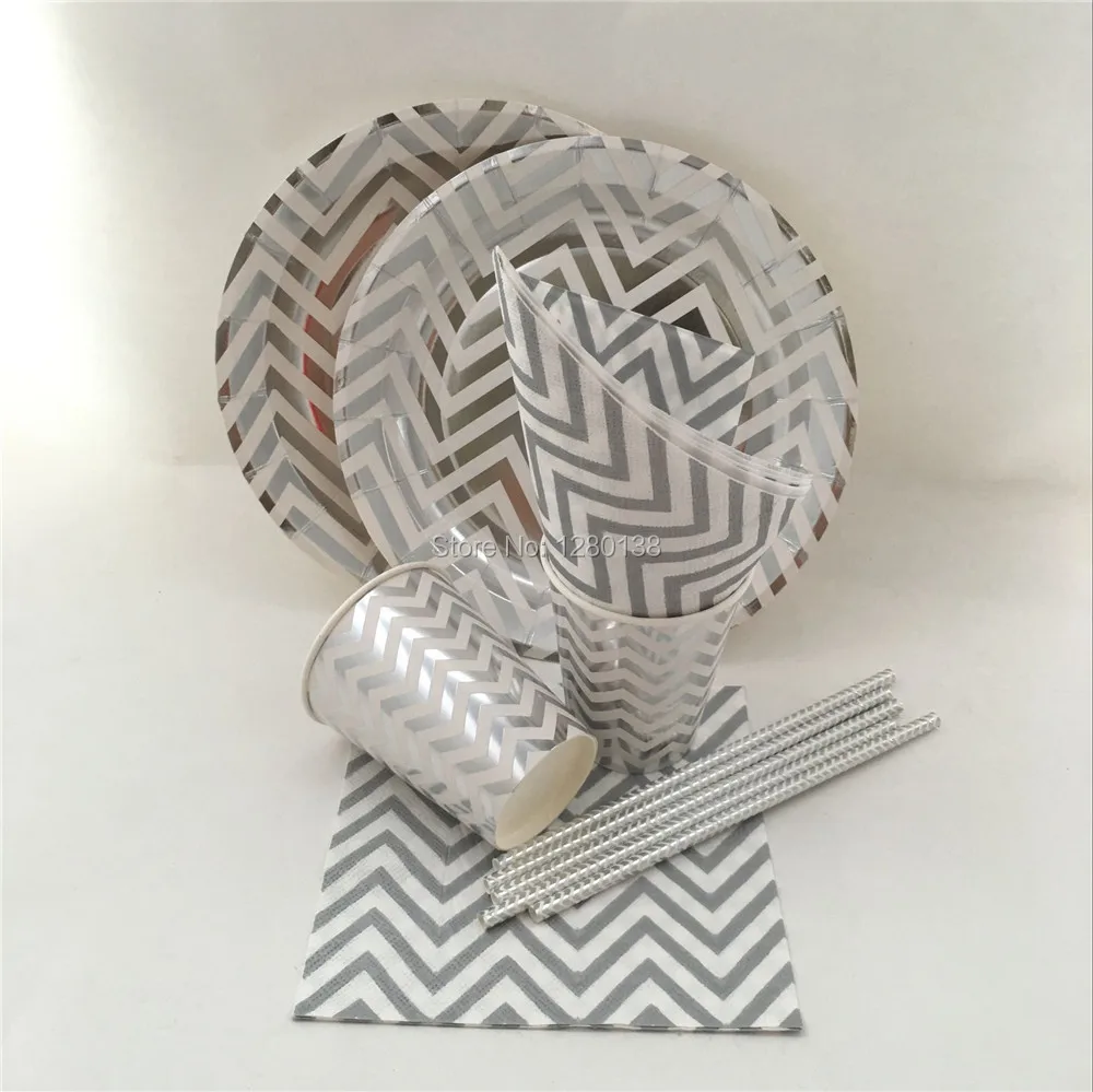 

200 set Party Decoration Gold Silver Paper Dinner Napkins Plates Straws Cups Celebration Party Favors Wedding Chevron Tableware