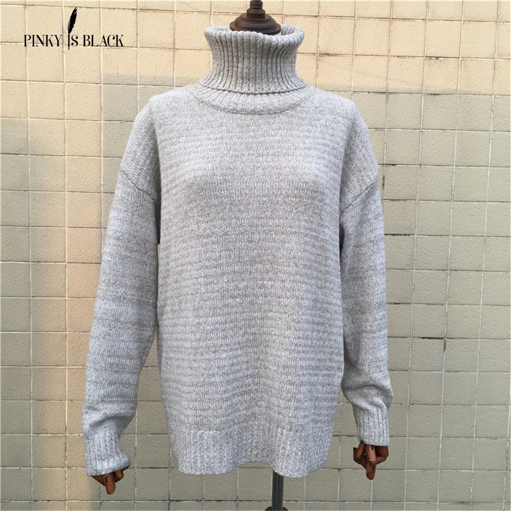 

Pinkyisblack Vintage turtleneck winter knitted sweater Women lantern sleeve loose gray pullover female warm autumn casual jumper