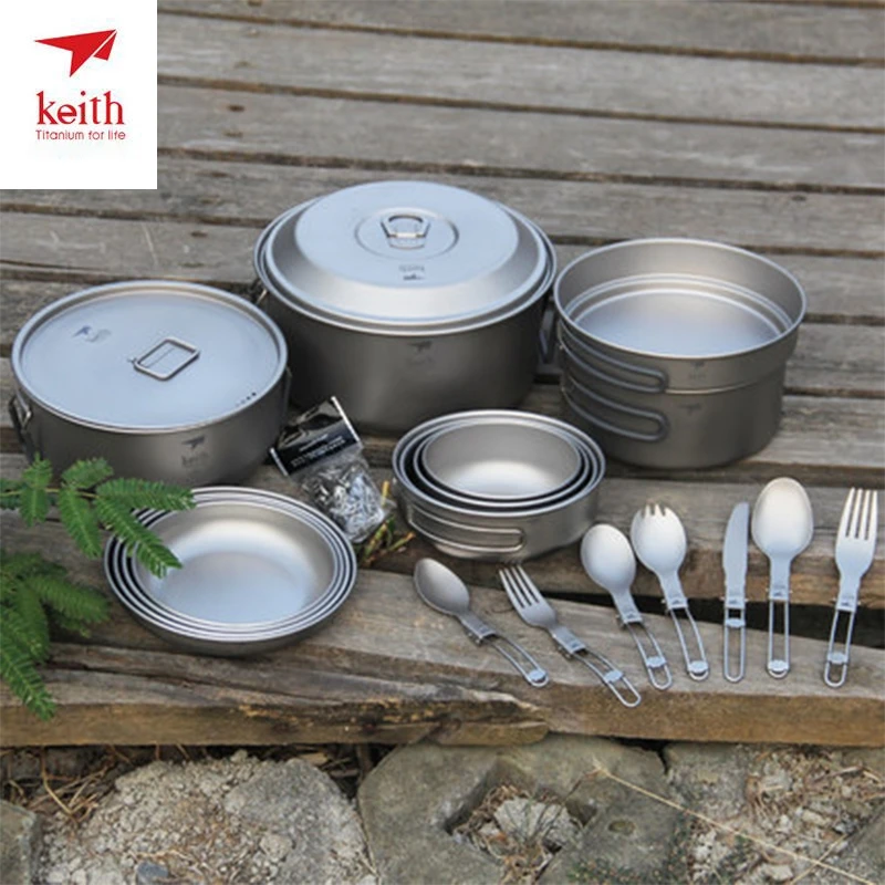 Keith Titanium Camping Sets Cooking Pots Bowls Large Outdoor Camping Set For 4-5 Person Lot Picnic Cookware Tableware Set Ti6201