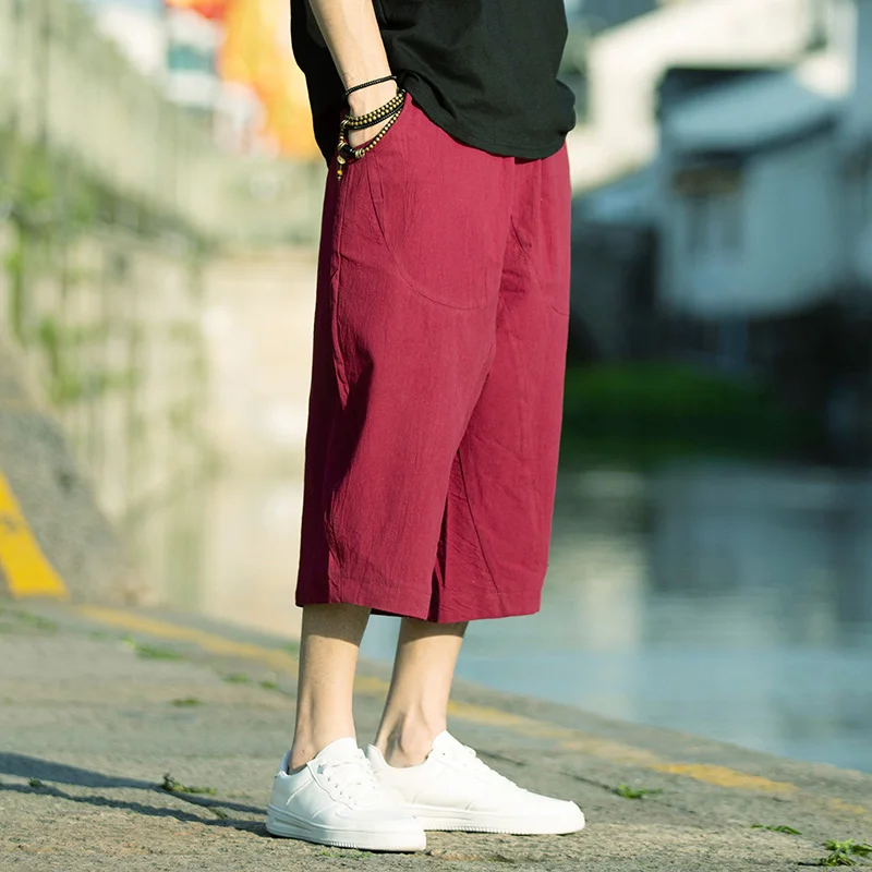 

2022 Chinese Style Men Harem Pants Streetwear Solid Casual Wide Leg Cotton Linen Joggers Pants Mens Harajuku Sweatpants