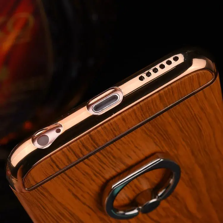New Luxury Smooth Plating Wood Vein Style Back Cellphone Shell Stand Case Cover with Finger Ring Holder for iPhone 6 6S Plus |