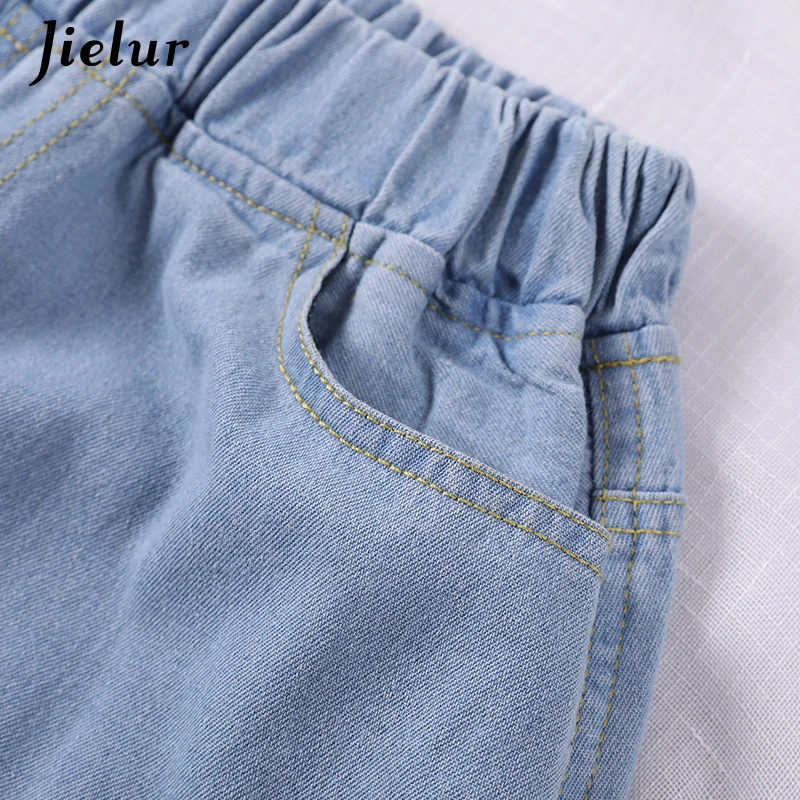Jielur Chic S 5XL Kawaii кружево джинсы Mujer 2020 в Корейском стиле короткие синие с высокой
