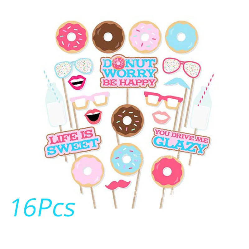 16pcs Photo Props Doughnut плакатная бумага чашка салфетки тарелки с днем рождения Юбилей ребенок душ конфеты украшение для бара и вечеринки пончик Вечерние - Цвет: 16pcs Photo Props
