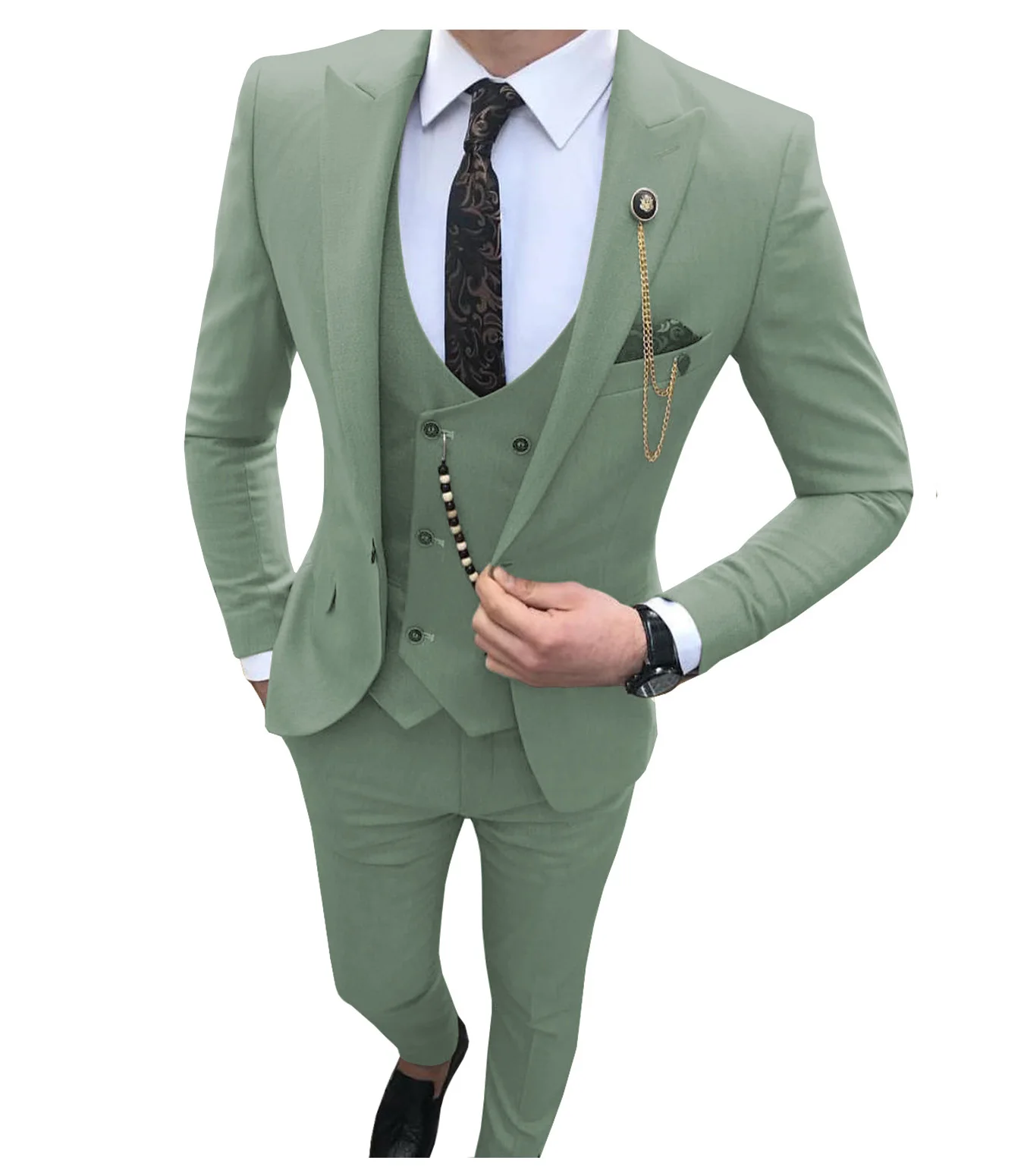 Tea green Мужские костюмы из 3 предметов, облегающие деловые костюмы для жениха, цвета шампанского, благородные серые белые смокинги для торжественных свадебных костюмов(Блейзер+ брюки+ жилет - Цвет: Tea green