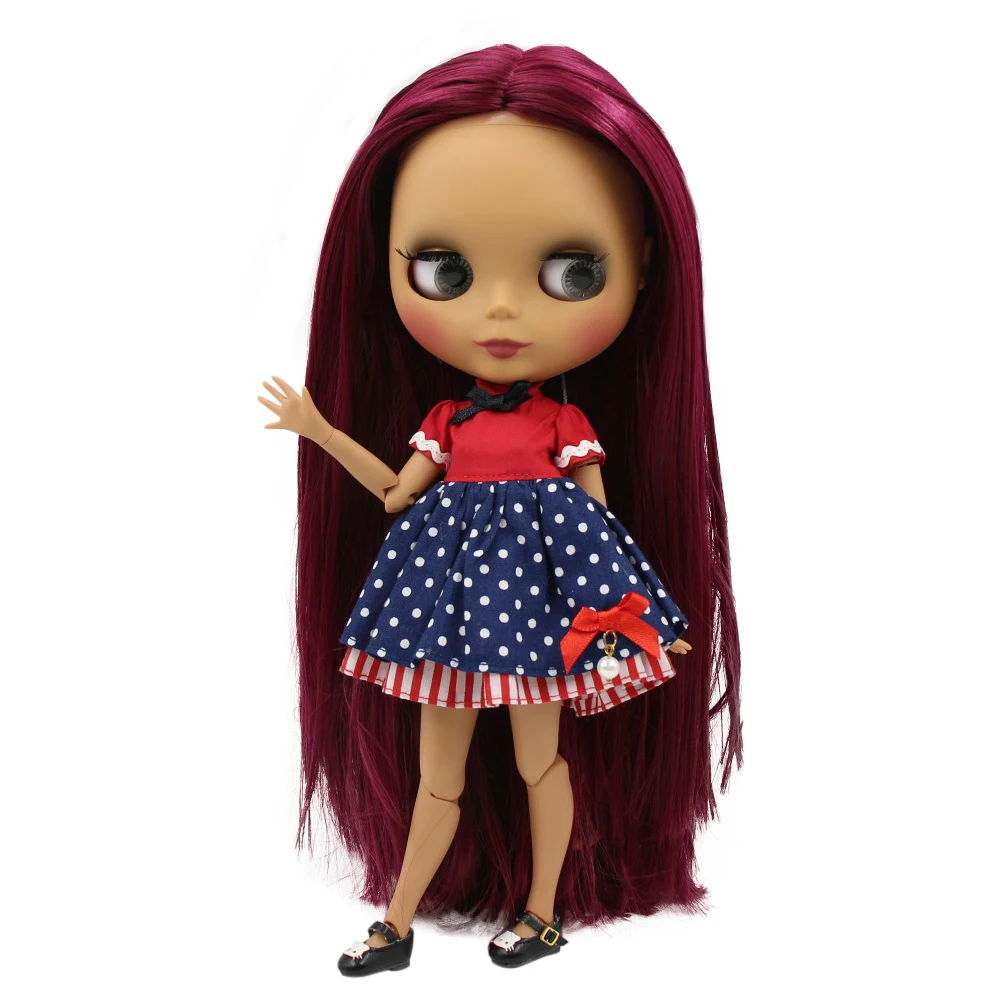 Заводская кукла blyth 1/6 bjd шарнирное тело темная кожа матовое лицо прямые розовые красные волосы BL2361 30 см