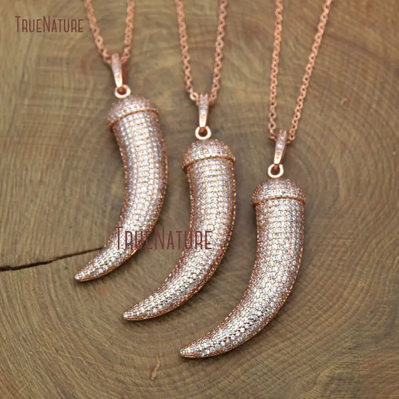 Fashionable Clear Cz Micro Pave Electroplating Rose Gold Horn Tusk Style Handmade Copper Necklace 18 Inch NM10464