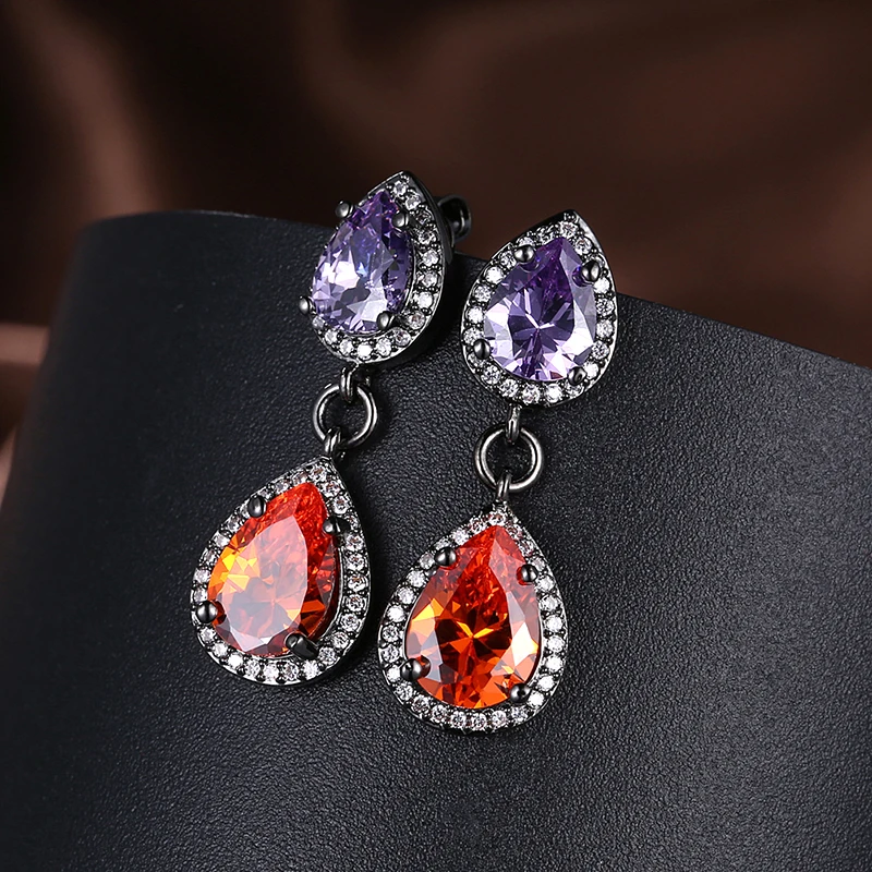 Женские серьги с двойными каплями блестящие черным золотом фиолетовым и красным