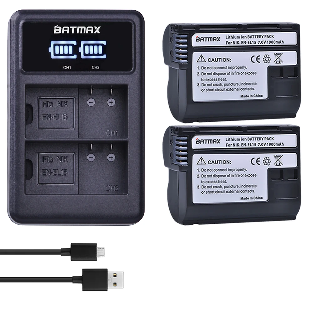 Batmax 2Pcs EN-EL15 EN EL15 ENEL15 Battery + LED Dual USB Charger for Nikon DSLR D600 D610 D800 D800E D810 D750 D7000 D7100 V1