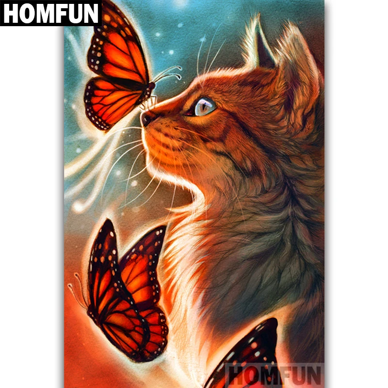 HOMFUN полный квадратный/круглый дрель 5D DIY Алмазная картина "Кошка бабочка" вышивка крестиком 5D домашний Декор подарок A06805