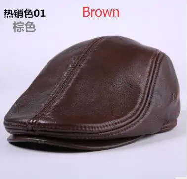 Brown Мужская шапка из натуральной кожи, мужские шапки из воловьей кожи, остроконечная шапка для студентов, зимние шапки с защитой ушей, теплая шапка для пожилых, B-7175 - Цвет: Brown