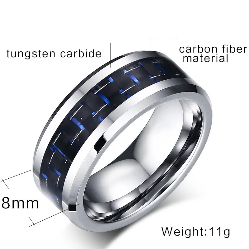 XUANPAI Blue Carbon Fiber Men Rings Tungsten Carbide Engagement Band Comfort Fit 8mm Anel Jewelry For Male | Украшения и