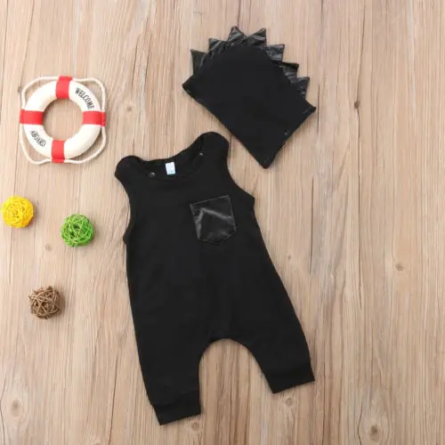 Baby Boys Sleeveless Cotton Hat 2pcs Clothes Outfit Infant Newborn Boy Girl Kids Clothing Romper Jumpsuit 0-3T | Мать и ребенок
