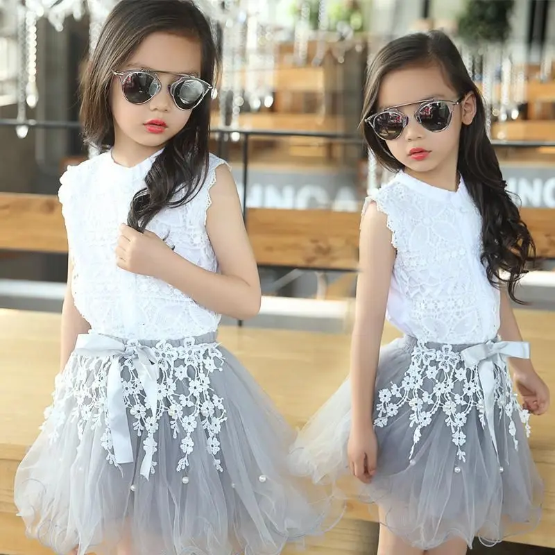 

Kid Girls Clothes Lace Sleeveless T-shirt Ruffled Dresses Tulle Tutu Dress Princess Children Girls Dress Gift