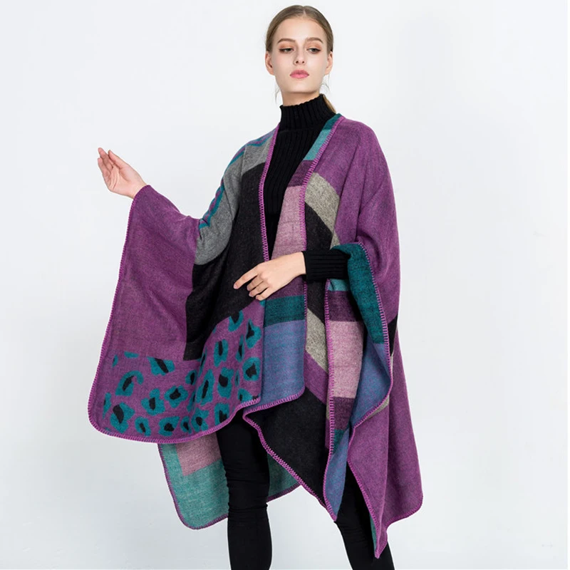 Fashion Women Cardigan New Autumn Multicolor Spelling Color Geometry Scarf Imitate Cashmere Cloak Joker Shawl Loose Coat CK215 |
