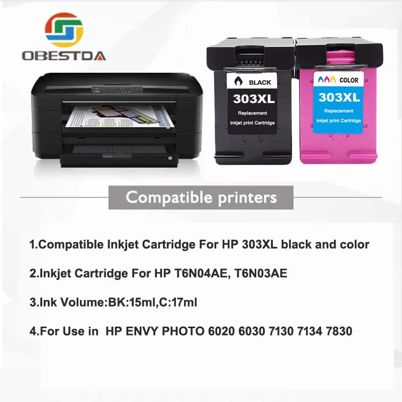 Сменный чернильный картридж Obestda 303XL для HP 303 XL ENVY PHOTO 6020 6030 7130 7134|Чернильные