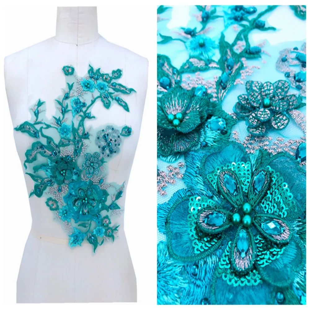 

light blue lace applique with beads rhinestones trim patches 32*25cm for dress DRESS ACCESSORY