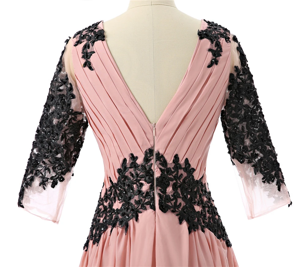 

Pink Evening Dresses A-line V-neck 3/4 Sleeves Chiffon Lace Beaded Backless Long Evening Gown Prom Dress Robe De Soiree
