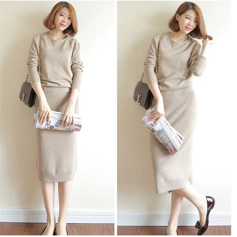 

Spirng Auntmun Female Dresses knitted Suit New Women's Cashmere sweaters and Knitting Package Hip Skirts 2 Piece Sets