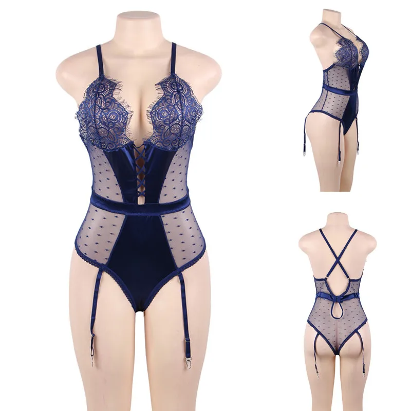 Blue Jumpsuits Comeondear Кружевные Боди размера плюс женский прозрачный комбинезон сексуальное женское нижнее белье атласные комбинезоны боди Mujer с поясом для подвязок RB80651 - Цвет: Blue Jumpsuits