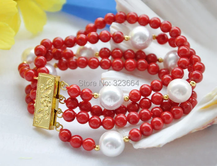 Круглый жемчужный браслет 4 ряда 8 дюймов 6 мм красный коралл 12 мм|round bracelet|d braceletbracelet bracelet |