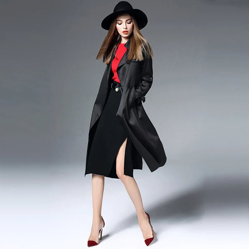 Женский Длинный тренчкот из натурального шелка с лацканами высококачественный