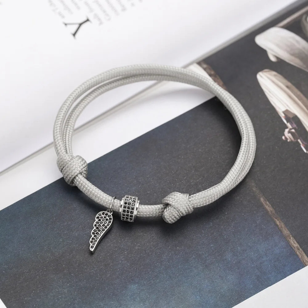 Exweup 18cm Braided Bracelet Silver Angel Wing Charm For Women Handmade Black/red/grey Cool Chain Bracelets Adjustable Jewelry | Украшения