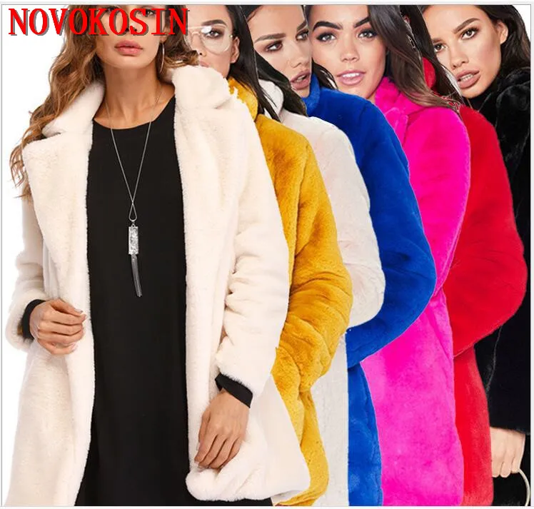 S-4XL Winter Warm Open Stitch Slim Black Plush Coat Women Faux Rabbit Fur Ladies Thick Turn-Down Neck Long Sleeves Loose Coat