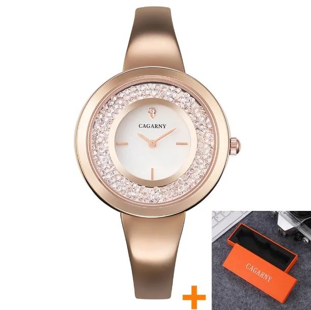 Cagarny Luxury Brand Women's Watches Crystal Rose Gold Steel Bracelet Bangle Fashion Ladies Wristwatches Quartz Watch For Women - Цвет: rose gold white box