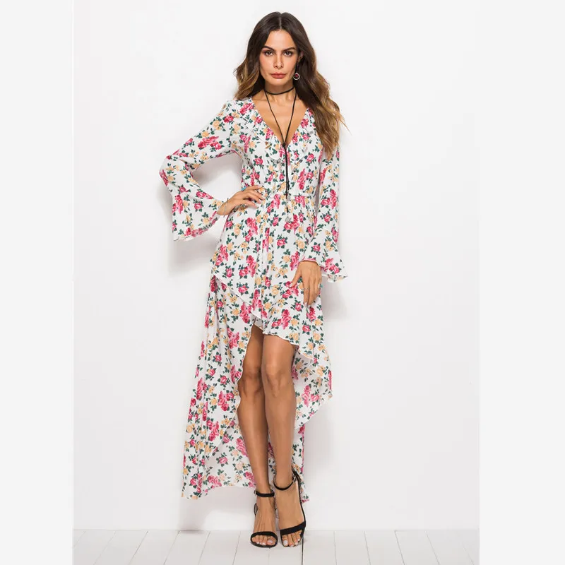 платье женское осень 2019 цветочное с длинным рукавом платья больших размеров