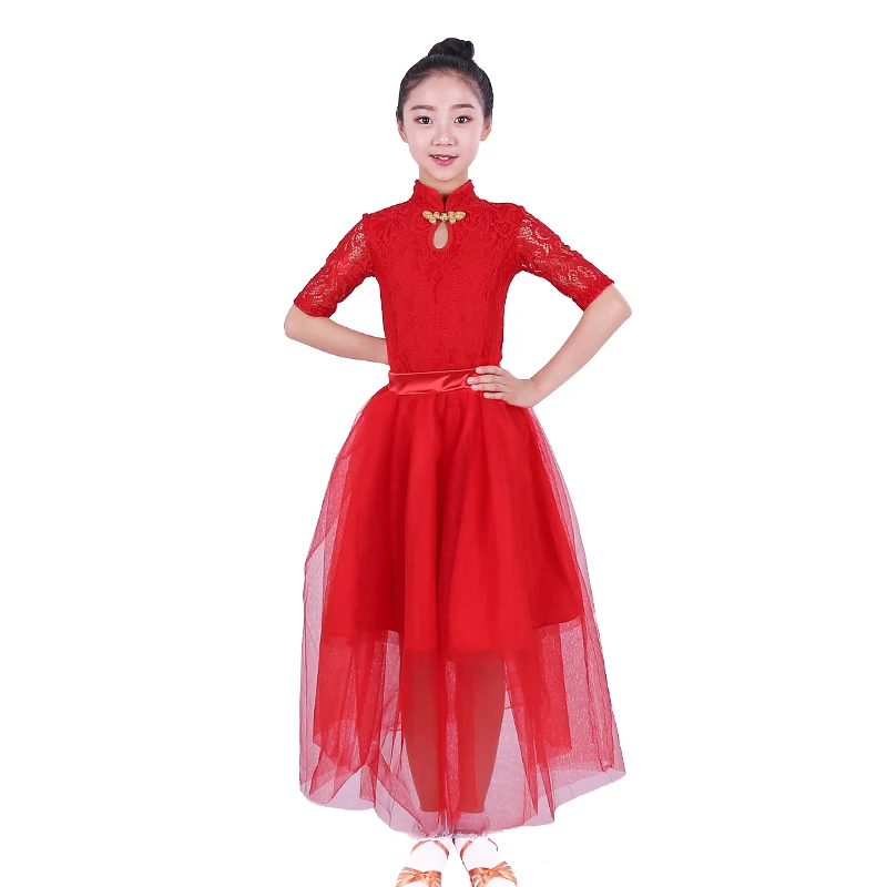 Детские танцевальные платья для девочек красная/белая кружевная юбка с длинным