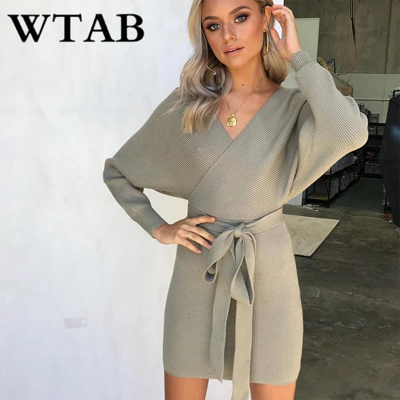 

WTAB new 2018 warm thicken autumn/winter dress knitted long sleeve v-neck dress women sweater bodycon high waist dresses vestido