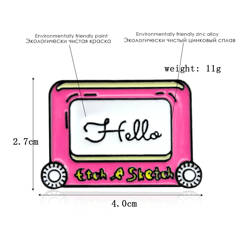 Эмалированная брошь значок для скетчей розовая с рисунком HELLO Etch эмалированная