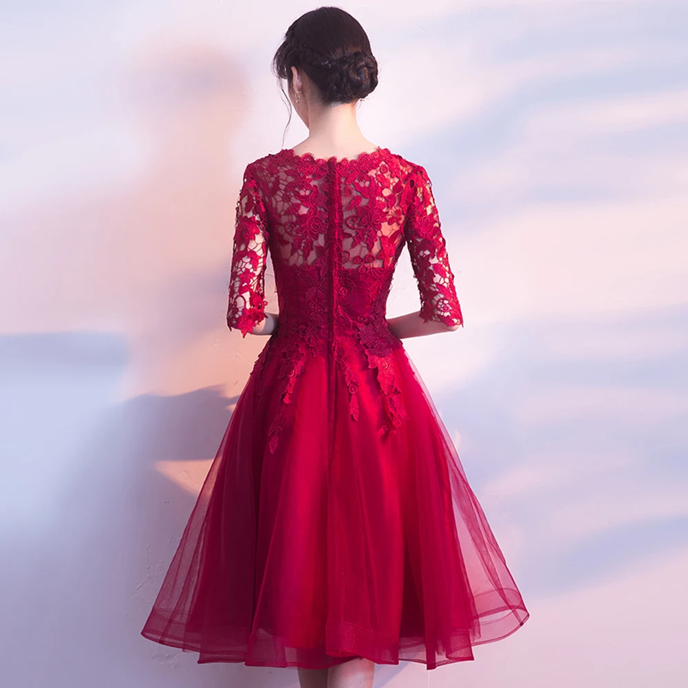 2019 овальным вырезом коктейльное платье темно красная Аппликация Длина колена