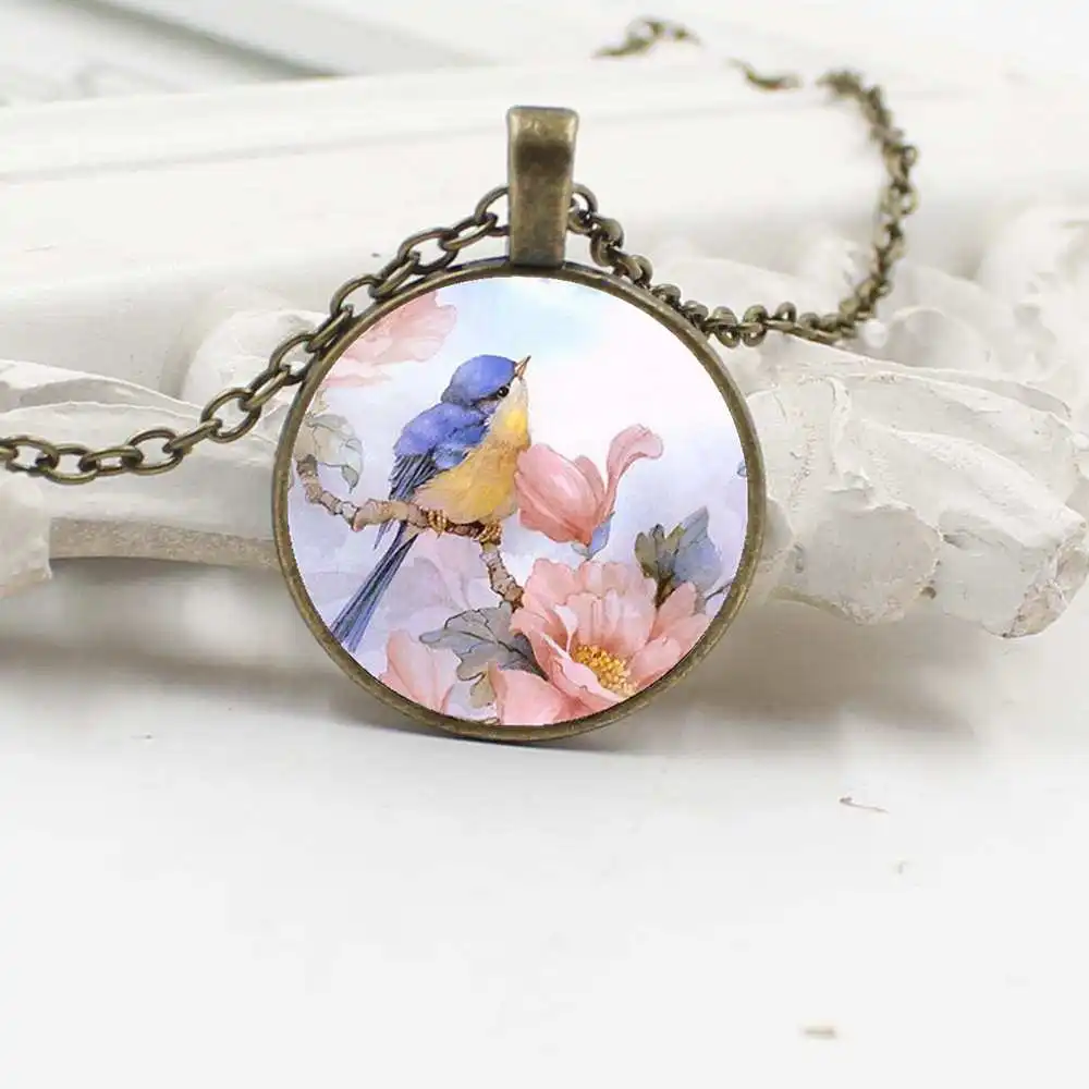 Ожерелье с кулоном в виде голубой птицы ветке ожерелье из стекла рождественский