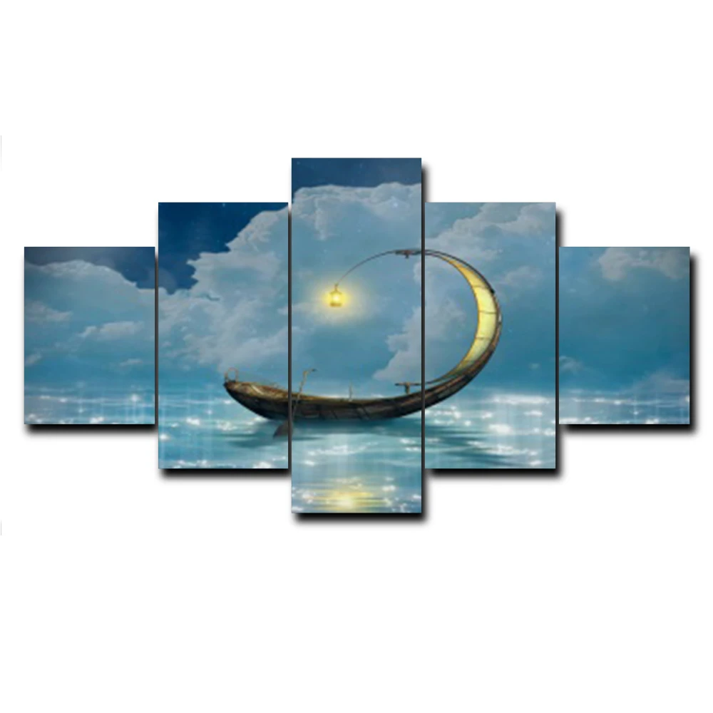 5 панелей Мультяшные лунные ночные плакаты и принты настенная Картина на холсте